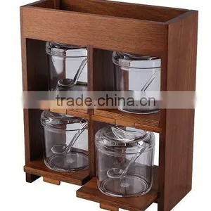 Wooden Bamboo Salt Pepper Spice Rack With 4 Big Glass or Acrylic Spice Bottles thumbnail-1