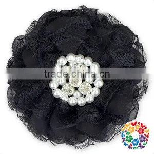 Black Chiffon Lace Crystal Rhinestone Hair Head Flowers Wholesale Cheap Rhinestone Center Flower thumbnail-1