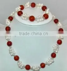 Wholesale 2 Rows 18" 5-6mm White Rice Pearls & 12mm Red Agate Necklace & Bracelet thumbnail-1