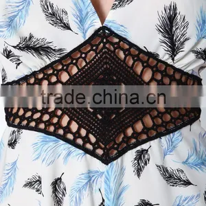 Short Sleeve Deep V-neck High Empire Embroidered Waist Feather Crochet Flutter Romper Short Jumpsuit thumbnail-5
