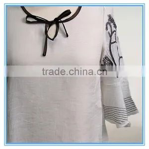 Woman Flared Sleeve Embroidery Tie Neck Cotton Fabric Casual Blouse Designs thumbnail-2