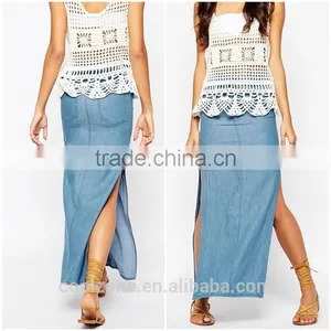 100% Cotton High Rise Split Sides Ladies Long Denim Skirts for Women 2015 thumbnail-1