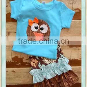 Turkey Tail Set Double Ruffle Pants and Turkey Top Long or Short Slvd Applique Blue Shirt & Floral Ruffle Pant Set 2016 thumbnail-3