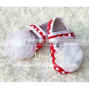 Baby Girl Red White Polka Dots Crib Shoes With White Rosettes GSM207 thumbnail-1