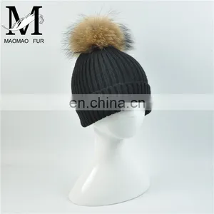 Kids Funny Hat With Big Genuine Raccoon Fur Ball Winter Knit Hat Baby Crochet thumbnail-5