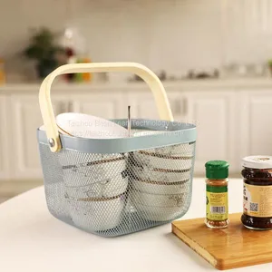 Simple Nordic Style Vegetable Fruit Condiment Caddy Basket Wooden Handle Metal Wire Storage Laundry Basket thumbnail-1