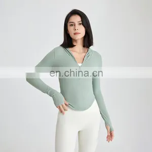Women Slim Compression Half Zipper Sports Yoga Hoodie Gym Fitness Wear Pullover Crop Top Long Sleeve Workout Exercise Jacket thumbnail-5