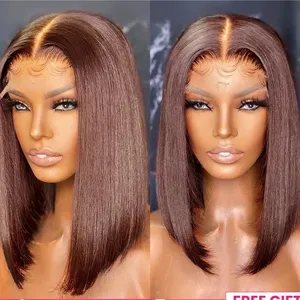 Chocolate Brown Lace Front Bob Wig #4 Dark Brown Brazilian Straight 13x4 Short Bob Human Hair Lace Frontal Wigs For Black Women thumbnail-1