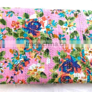 Queen Kantha Quilt Flower Garden Multi Pink Handmade thumbnail-2