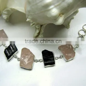 Rose Quartz & Tourmaline Multi Stone Rough Bracelet, 925 Solid Sterling Silver Bracelet, Designer Gemstone Raw Bracelet thumbnail-1