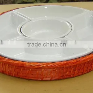 Wedding Rattan & Ceramic Round Tray, Rattan Wedding Candy Holder thumbnail-1