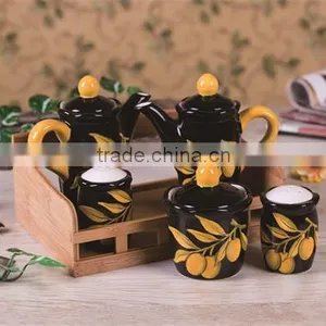 Wholesale Black Ceramic Salt Pepper Oil and Vinegar Set With Wooden Stand thumbnail-1