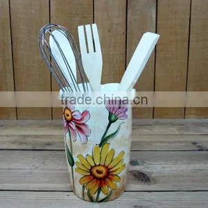 Wholesale Handpaint Daisy Ceramic Untensil Holder With Spoons thumbnail-1