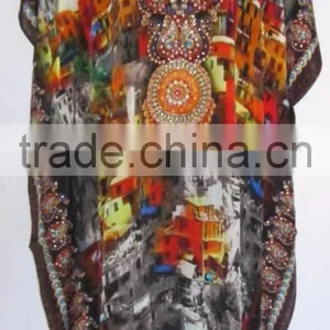 Digital Print Crepe Silk Kaftan Tunic Blouse Poncho Cover up thumbnail-1