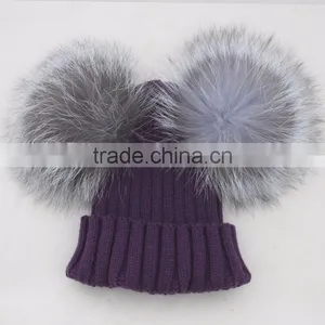Myfur Dark Purple Girls Winter Wool Beanie Cap With Removable Silver Fur Balls thumbnail-1