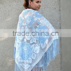 Metallic Lace Shawl, Long Fringe Scarf, Floral Scarf, Summer Shawl, Silver Shawl, Shawl With Roses thumbnail-6