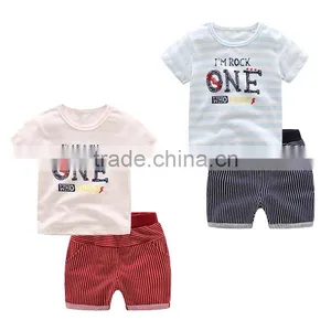 Wholesale 100% Cotton Striped Children's Boy Baby Clothes Set Kids t Shirt Beach Wear Set thumbnail-1
