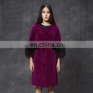 Hot Pink Merino Sheep Wool Sheep Shearling Fur Rose Red Overcoat With Raccoon Trimming thumbnail-1
