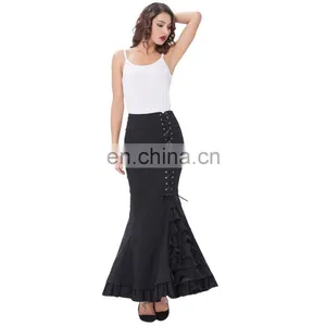 Belle Poque Womens Victorian Style High Stretchy Nylon-Cotton Vintage Retro Ruffled Fishtail Mermaid Black Long Skirt BP000203-1 thumbnail-2