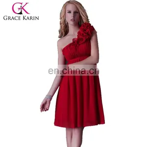 2015 Grace Karin Chiffon One Shoulder Short Red Bridesmaid Dress CL3476 thumbnail-1