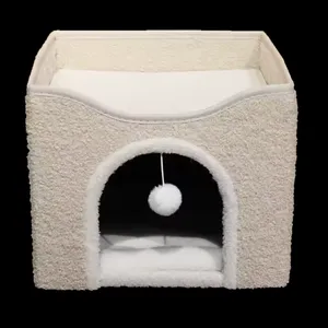 Meow Love High Quality Foldable Cat Scratcher House Covered Kitty Cave Beds Cute Modern Cat Condo for Indoor Cube House thumbnail-2