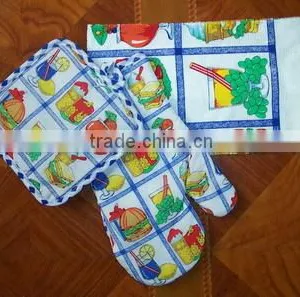 3 Pcs Silk Screen Print Cotton Kitchen Towel and Pot Holder Oven Mitten Set thumbnail-3