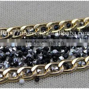 Women Fashion Gold Metal Chain Hot Fix Collar Hot Fix Black Rhinestone Necklace thumbnail-4