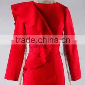 J--00103 Red Long Sleeve Muslim Evening Dress Customized Tassles o Neck Evening Gown thumbnail-2