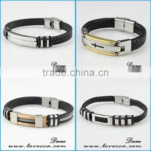 Stainless Steel & Leather Mens Bracelet , Braided Genuine Leather Bracelet Men Stainless Steel thumbnail-2