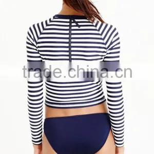 OEM Summer Woman Surf Cycling Couple Sublimated Stripe Cropped Long Sleeve Custom Printed Rash Guard thumbnail-5
