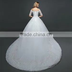 MGOO Off Shoulder Short Sleeve Shinny Beaded Lace Hem A-line Floor Length Wedding Dress Crisscross Back thumbnail-2