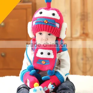 TC13003 Cheap Cute Fashion Baby Pom Pom Winter Beanie and Scarf and Knitted Animal Mitten Set Wholesale Baby 3pcs Set thumbnail-3