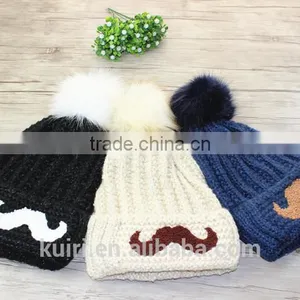 Cartoon Smile Face Lovely Acrylic Knitted With Faux Fur Ball Beanie Women Men Autumn Winter Cap Warm Hat thumbnail-2