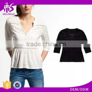 2016 Guangzhou Shandao OEM/ODM Custom Design Women Autumn 3/4 Sleeve V Neck Ruffle Bottom Cotton White Tops thumbnail-1