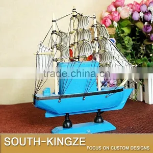 Navy Marine Blue/Yellow Color Wood Sailing Boat Display Model thumbnail-5
