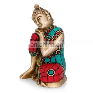 Buddha Statue Resting Buddhism Figurine Tibet Sleeping Feng Shui Brass Turquoise Tibet Tibetan Resting Buddhism Home Decor Art thumbnail-4