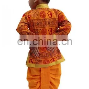 Indian Om Print Saffron Dhoti Kurta, Boy's Traditional Angrakha Set, Dhoti Suit, Kids Baby Wear, Ethnic Dress Kurta om Print thumbnail-4