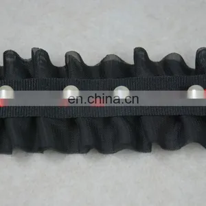 Black Color Beaded Chiffon Ruffle Pearl Trim in 2.5cm thumbnail-3