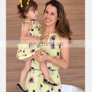 2019 Cotton Clothing Green Floral Printed Baby Summer Dresses Mother Daughter Matching Dresses thumbnail-2
