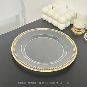 China Wholesale Gold Beaded Rim Clear Charger Plates Plastic Luxury Wedding Dinner Dishes thumbnail-3