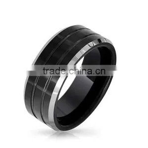 Grooved Beveled Black Tungsten Wedding Ring 8mm, Fashion Grooved Tungsten Ring Form Men thumbnail-1