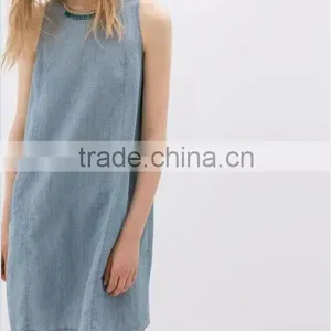 2014 New Design Ladies Sleeveless Denim Dress Women Light Bule Denim Jeans Dress Quality Choice thumbnail-6