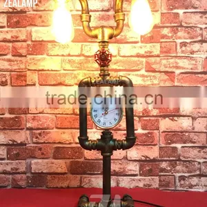 Industrial Style Pipe Lights Steampunk Pipe Table Lamp Edison Lamp Double Head With Clock thumbnail-1