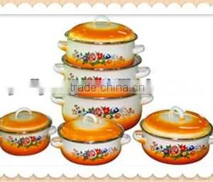 Orange Bottom White Enamel Cookware Pot Set Non-Stick Double Handle Enamel Cooking Pot Set 6 Pcs thumbnail-1