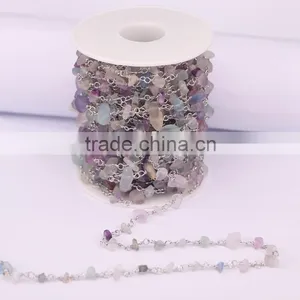 Natural Fluorite Cabochon Beaded Rosary Chains Silver Plated Clip Bead Links Wire Wrapped Chain thumbnail-2