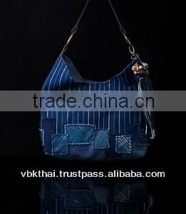 INDIGO DYED COTTON AND NATURAL BROWN COTTON HAND BAG WITH LEATHER SHOULDER-STRAP FROM THAILAND thumbnail-1
