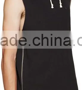 Sleeveless French Terry Vest Hoodie Beige Drawstring Hood Custom Embroidered Logo Zipper at Sides Shirt-tail Hem thumbnail-1