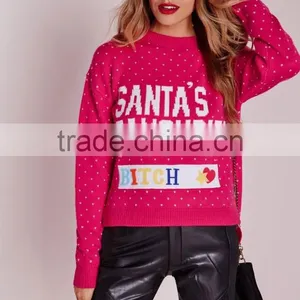 MGOO Custom Design Ladies Christmas Sweater Knitwear Women Diy Crop Jumper With Split Side Pink thumbnail-3