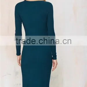 Women New Model Ladies Emerald Green Plunging Neckline Midi Bandage Long Sleeve Prom Dress thumbnail-4