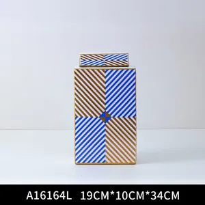 European Simple Style Blue Square Sheet Painting Cube Ceramic Flowers Vases With Lid For Study thumbnail-4